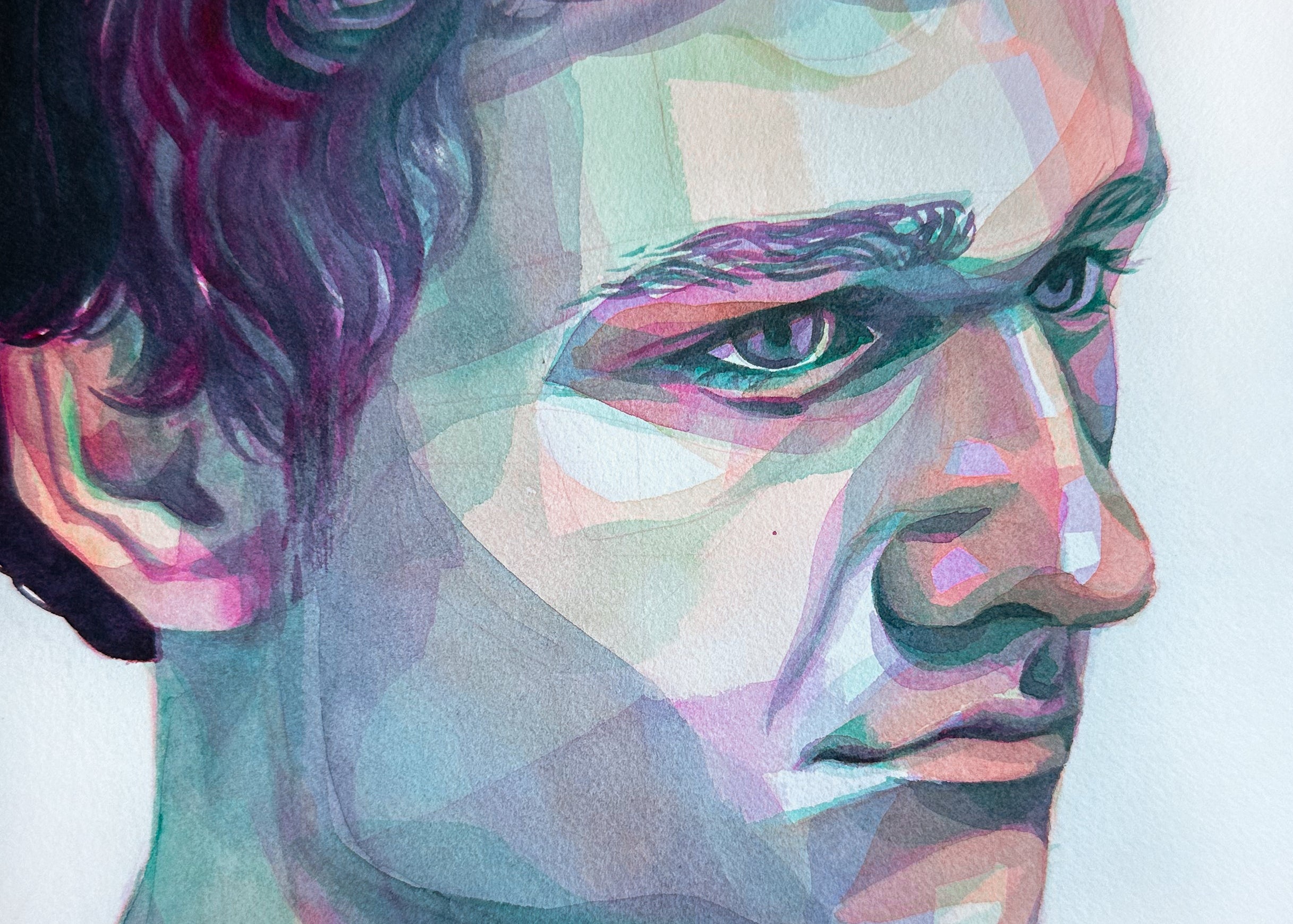 Colorful abstract portrait of a person with a neutral expression on a white background