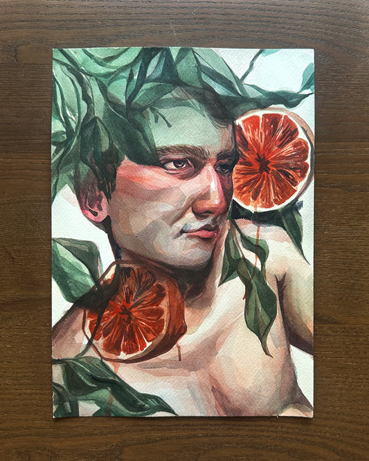 Artistic depiction of a person with grapefruit and leaves on a wooden surface.