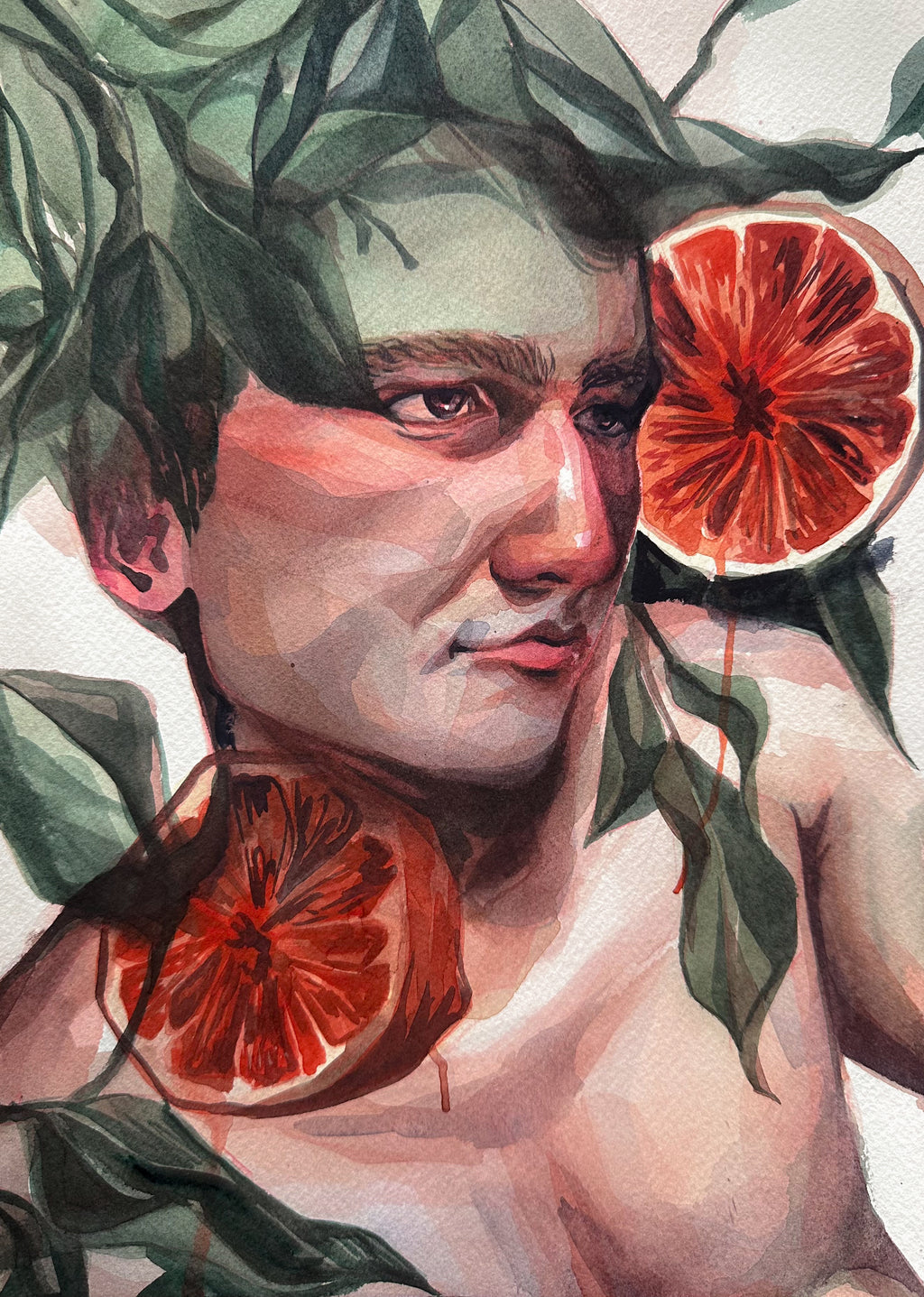 Artistic depiction of a person with leaves and grapefruits in a stylized manner.
