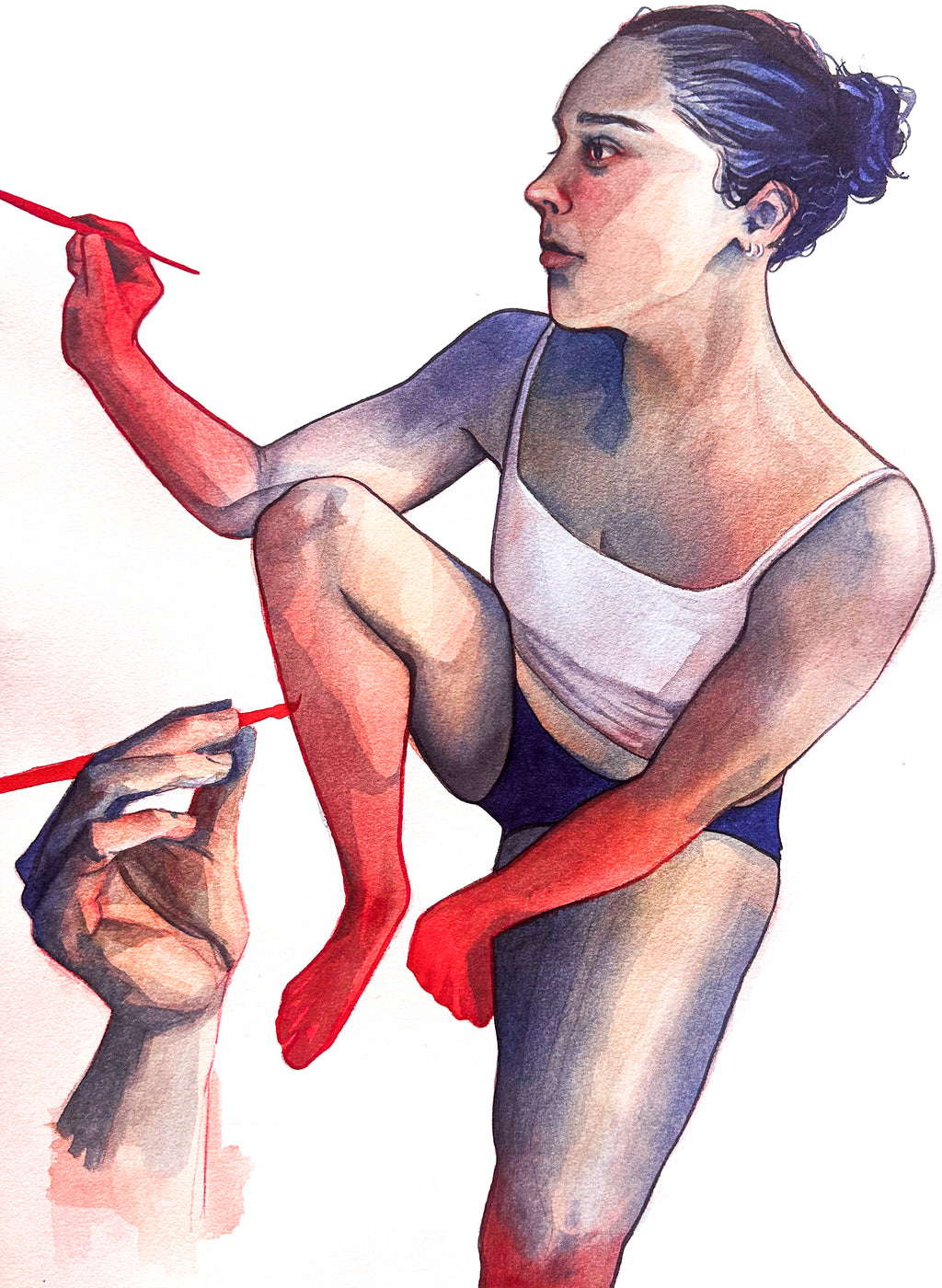 Illustration of a woman with red accents, sitting on a white background. She holds a paintbrush in one hand.