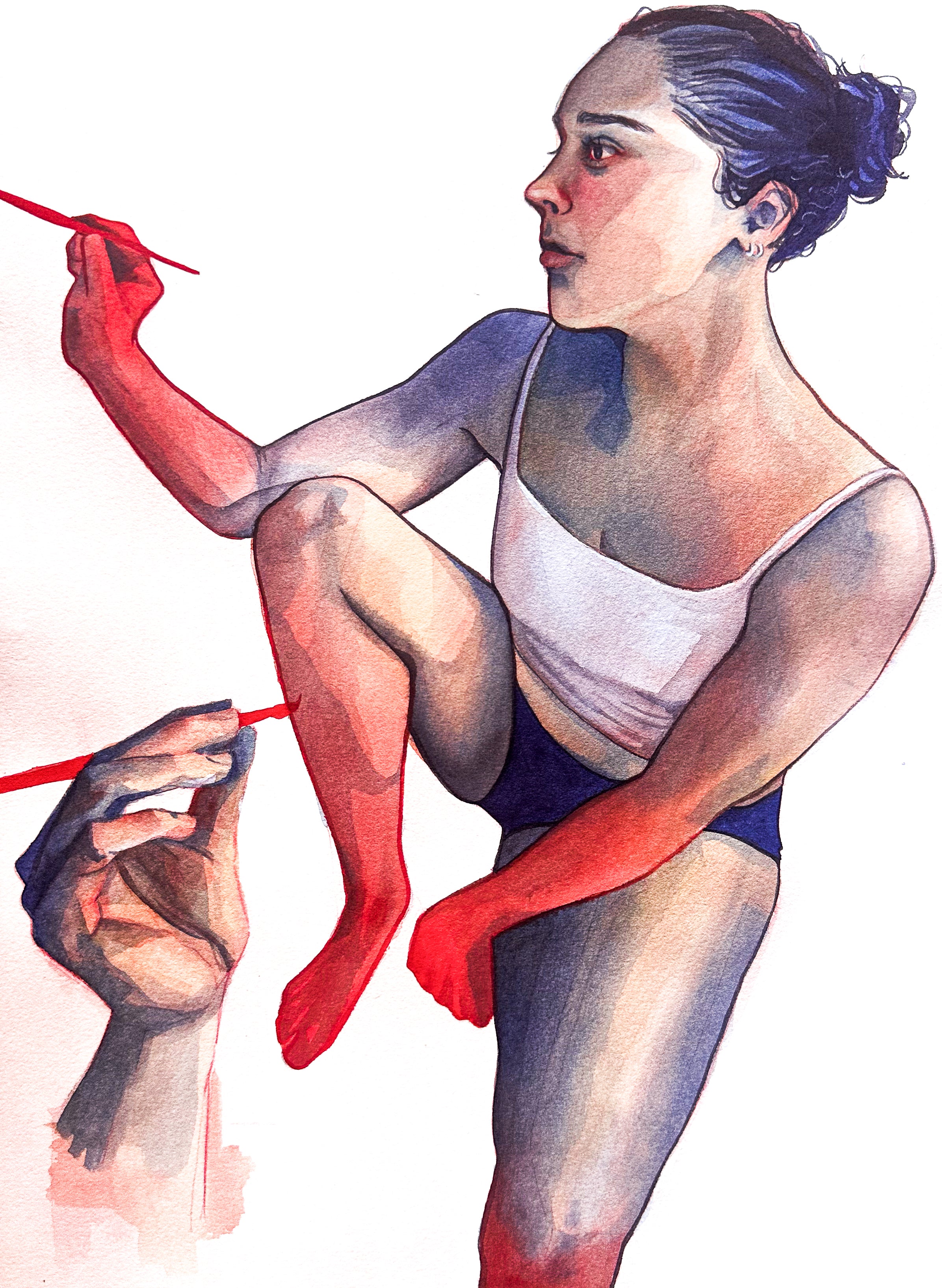 Illustration of a woman with red accents, sitting on a white background. She holds a paintbrush in one hand.